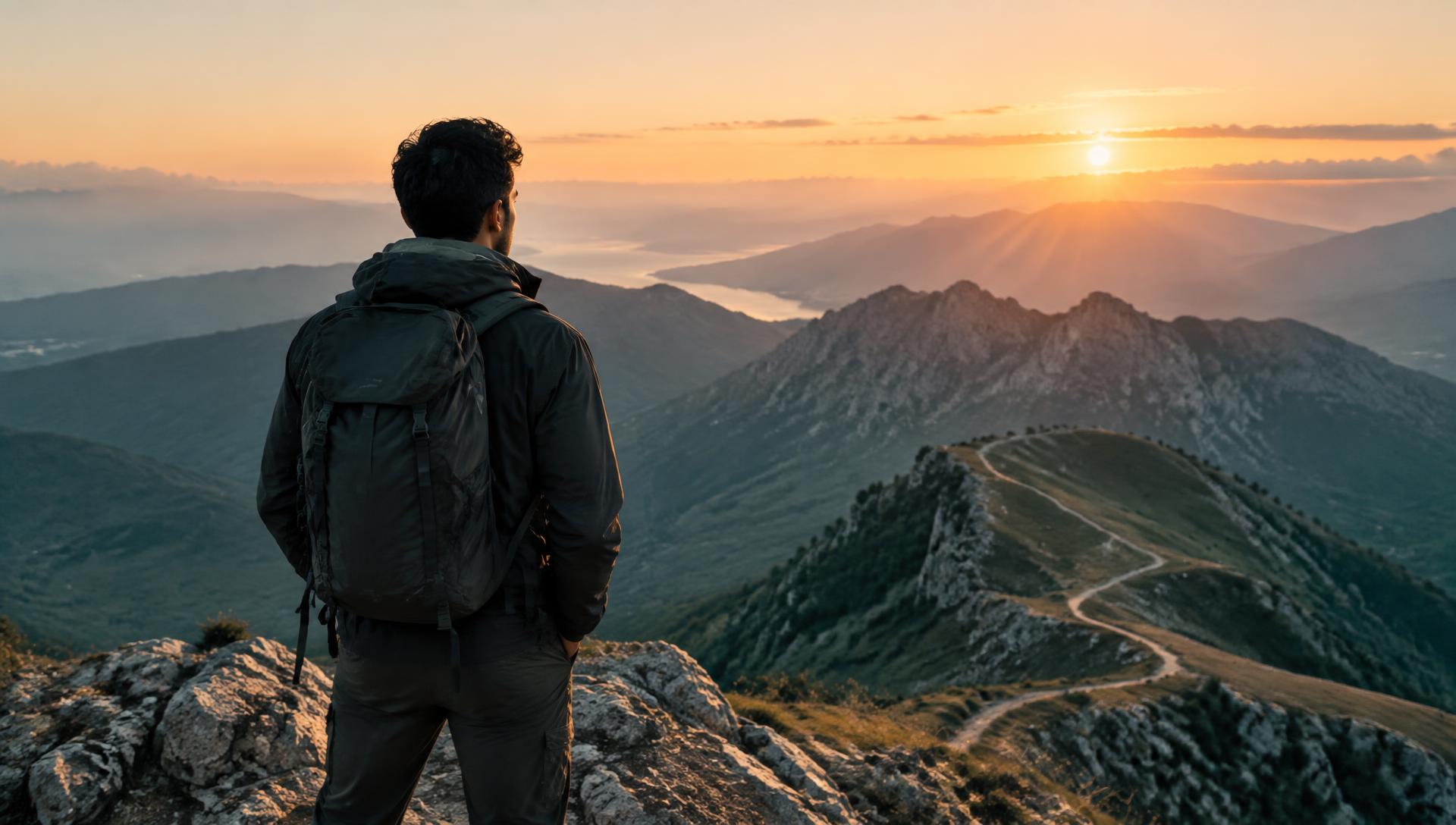 A traveler looking across a mountain path at sunrise
